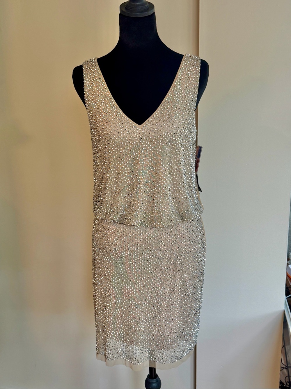 Xscape Champagne Beaded V-Neck Mini Dress